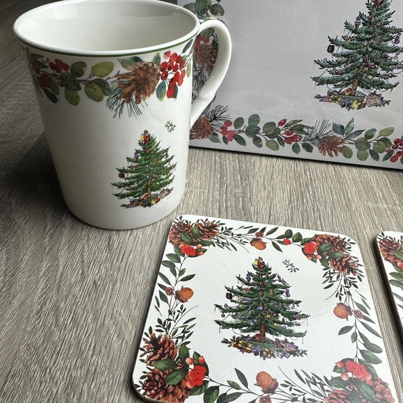 Spode 5 Piece Tin Christmas Tree Set ~ 12oz Cups Coasters Tin NEW w/Box - Picture 3 of 12